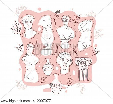 Ancient Greece And Rome Set Tradition And Culture Vector Illustration. The Linear Trend Of The Ancie