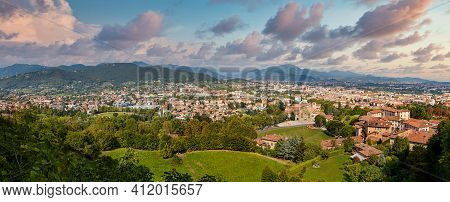 Bergamo, Italy - August 18, 2017: Panoramic View Of The City Of Bergamo From The Castle Walls