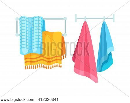 Bath Accessories Cartoon Set. Bath Towels. Clothes Dryer, Hanging Color Cloth Towels. Towel Bath For