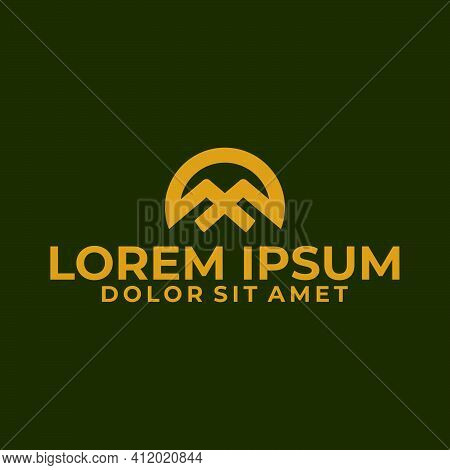 Initial Letter F, Ff Or M Logo Template With Geometric Twin Mountain Line Art Illustration In Flat D