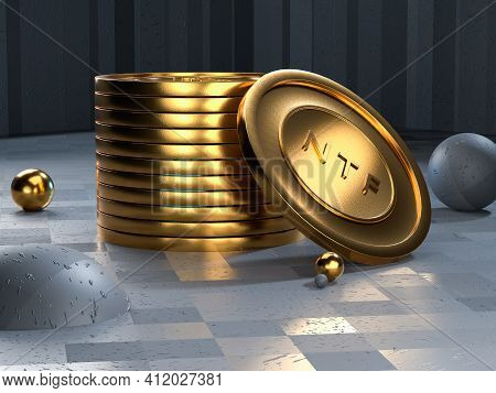 Ntf Coin Token On Grey Background. Non-refundable Token. 3d Render. Crypto Art Place For Selling. Bl