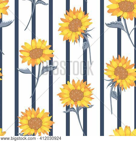 Vector Beautiful Sunflowers On Stripes Seamless Pattern Background. Perfect For Fabric, Scrapbooking