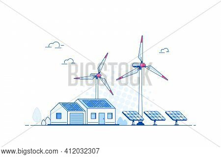 Modern House With Solar Panels And Wind Turbines.