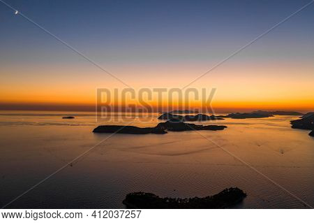 Aerial Drone Shot Of Post Sunset Over Adriatic Sea View From Babin Kuk Hill In Dubrovnik Croatia Sum