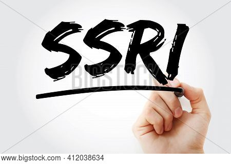 Ssri - Selective Serotonin Reuptake Inhibitor Acronym With Marker, Concept Background