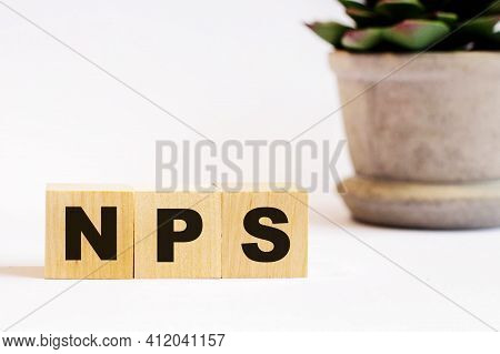 The Word Nps Net Promoter Score On Wooden Cubes On A Light Background Near A Flower In A Pot. Defocu