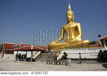 Golden Big Buddha Statue Of Wat Bang Chak At Riverside Chao Phraya River Near Koh Kret Island For Th