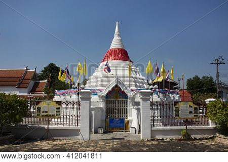 Ordination Hall And Pagoda Of Wat Paramaiyikawat Worawihan Or Mon Temple On Koh Kret Island For Thai