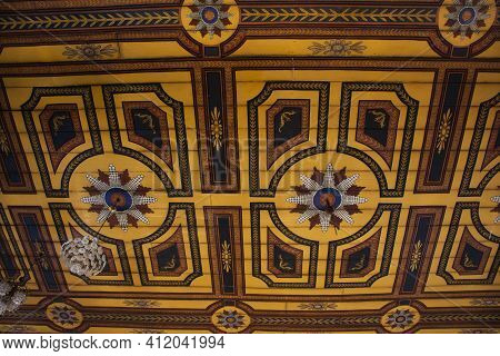 Art Ceiling In Ubosot Of Wat Paramaiyikawat Worawihan Or Mon Ancient Buddhist Temple On Koh Kret Isl