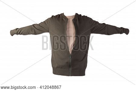 Men's Dark Gren Knitten Bomber Jacket And Beige T-shirt Isolated On A White Background. Fashionable 