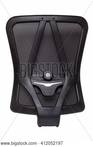 Spare Parts Isolated. Closeup Of Black Backrest Of A Office Or Computer Chair Isolated On White Back