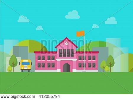 School Building With Urban Landscape In Background. Vector Illustration