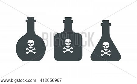 Bottle Poison Alcohol Skull In Full Face For Concept Design. Three Kinds Dangerous Container. Potion