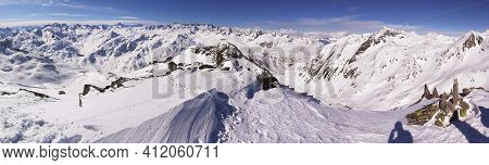 Large Winter Panorama On The Mountain Pizzo Fortunei, Above The Gotthard Pass. Reached On A Ski Tour
