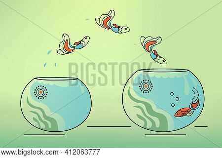 Illustration About Imaginary Freedom, Way Out Of Self-isolation Into Society, Fish Jumping From Tank