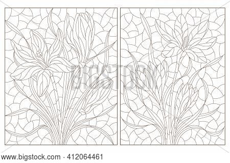 Set Of Contour Illustrations In Stained Glass Style With Hyacinth Flowers, Dark Outlines On A White 