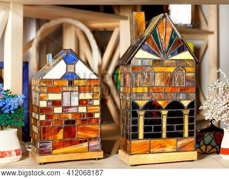 Bright Colorful Souvenir Candle Lamps-lamps, Soldered In The Form Of A House With A Fireplace And De