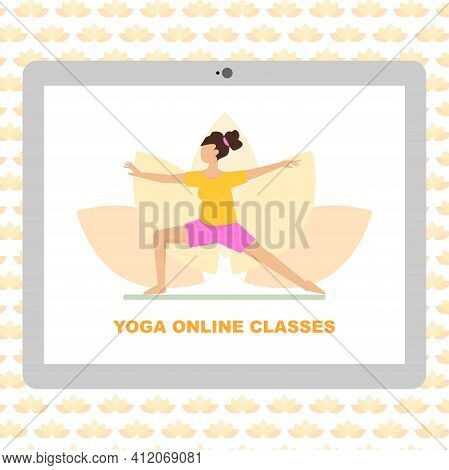 Yoga Online Classes Vector Concept. Online Yoga Lessons Cartoon Flat Illustration With Seamless Patt