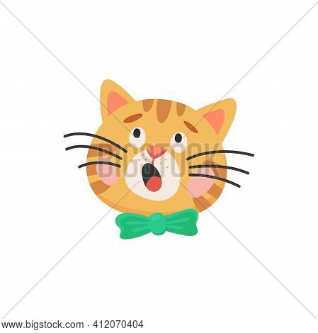 Surprised Curious Cat Head Isolated Kitten Face With Green Bow. Vector Portrait Of Puzzled Kitten In