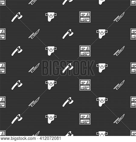 Set Hunting Shop Weapon, Bayonet Rifle, Wooden Axe And Gun Holster On Seamless Pattern. Vector