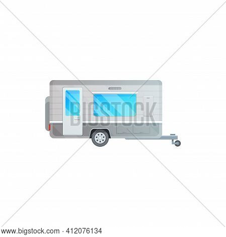 Camper Trailer, Caravan Van Or Camping Travel Car, Vector Rv Truck Or Motorhome Icon. Camping Travel