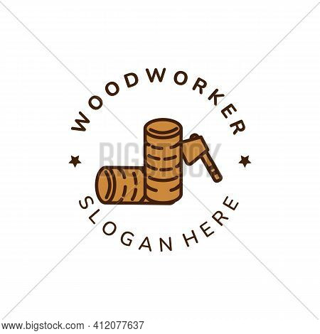 Woodworker Vintage Color Emblem Logo Icon Vector Illustration Template Design. Ax, Wood, Floorer, Ca