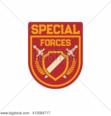 Infantry Troops Military Squad With Crossed Swords, Frame And Heraldry Olive Branches. Vector Specia