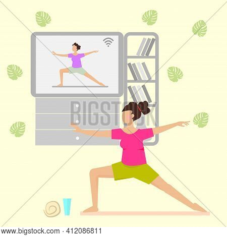 Online Yoga Classes At Home. Yoga Online Classes Vector Concept. Woman Is Exercising Yoga Indoor. Fl