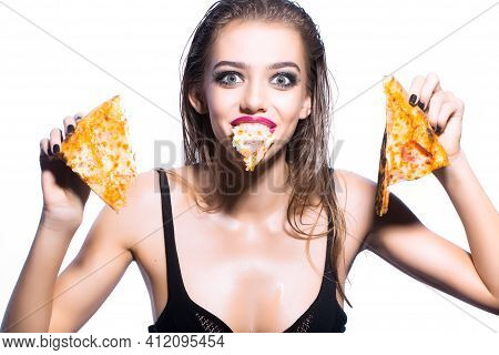 Crazy Woman Holding Tasty Big Slice Of Pizza. Funny Girl Eat Pizza Isolared On White