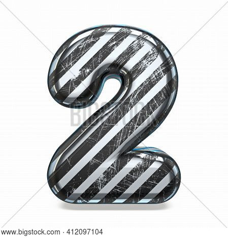 Striped Steel Black Scratched Font Number 2 Two 3d Render Illustration Isolated On White Background
