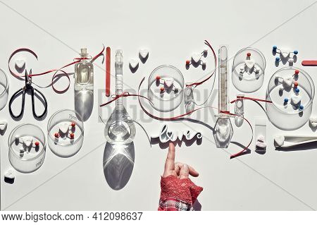 Chemistry Of Love. Creative Flat Lay, Top View With Chemical Glassware, Petri Dishes, Love Molecules