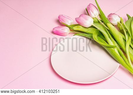 Festive Creative Pink Table Setting With Tulips On Gentle Rosy Background