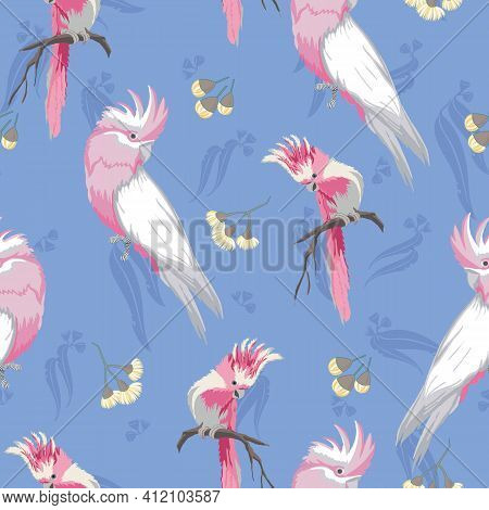 Pink Galahs And Yellow Eucalyptus Blossom Seamless Vector Repeat Pattern. Vector Illustration