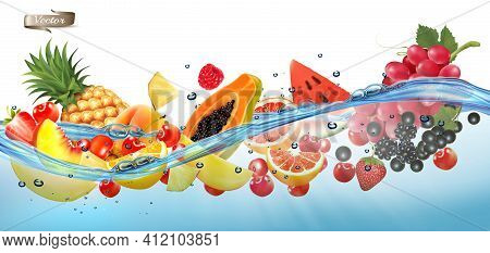 Fruit In Juice Splash Panorama. Pineapple, Strawberry, Raspberry, Blueberry, Blackberry, Orange, Gua