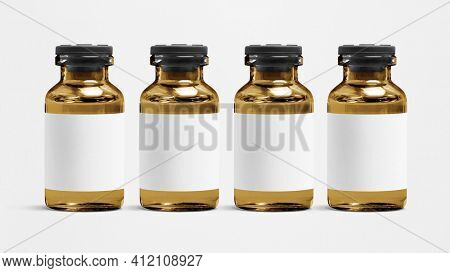 Blank white label on amber injection vial glass bottle