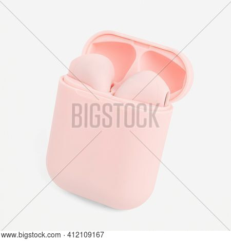 Pink wireless earbuds case mockup digital earphones