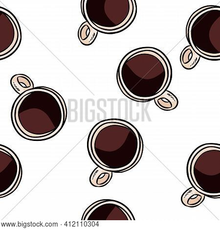 Coffee Cups Top View Doodles Seamless Border Pattern. Hand Drawn Cartoon Mugs Repeatable Background 