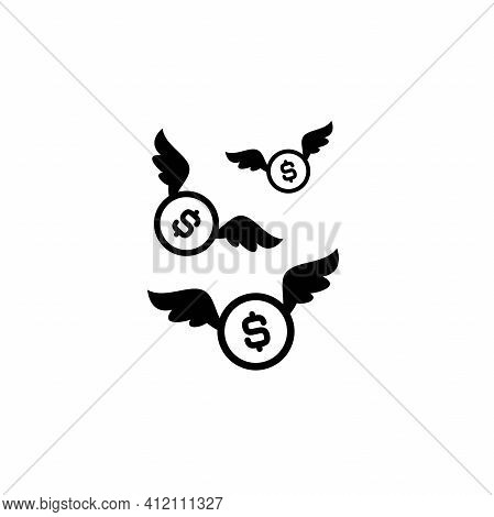 Black Dollar Coins With White Wings. Flat White Background. Flying Money. Economy, Finance, Money Pi