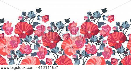 Vector Floral Seamless Pattern, Border. Red, Pink Mallow Flowers.