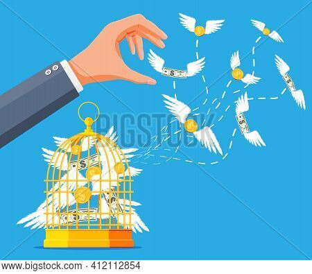 Businessman Hand Chasing Money And Cage. Dollar Banknotes And Gold Coins With Wings In Birdcage. Con