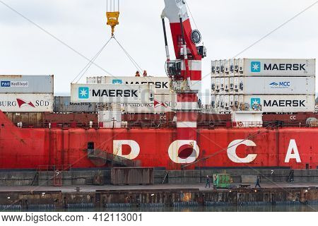Time Lapse: Container Terminal Commercial Sea Port, Unloaded Container Ship Sevmorput - Russian Nucl