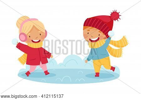 Happy Boy And Girl In Scarf And Knitted Hat Playing Snowball Fight Enjoying Winter Vector Illustrati