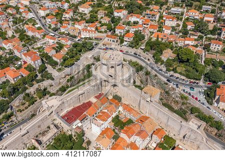 Aerial Drone Shot Of Fort Minceta On Dubrovnik City Wall In Croatia Summer
