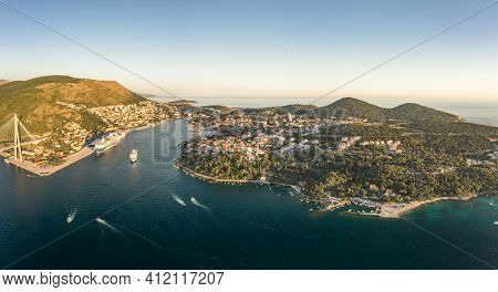 Aerial Panorama Drone Shot Of Dubrovnik Bridge At Port Gruz In Lapad Adriatic Sea In Croatia Summer 