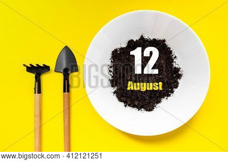 August 12nd. Day 12 Of Month, Calendar Date. White Plate Of Soil With A Small Spatula And Rake On Ye