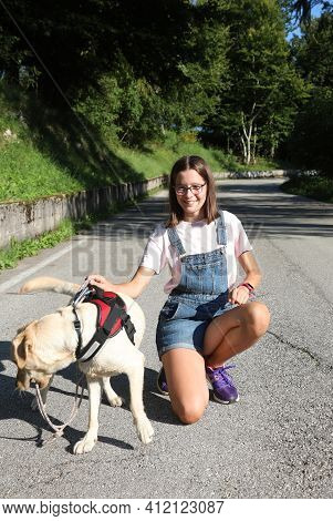 Smiling Little Girl Walks Her Dog On A Leash In The Hill In Summer