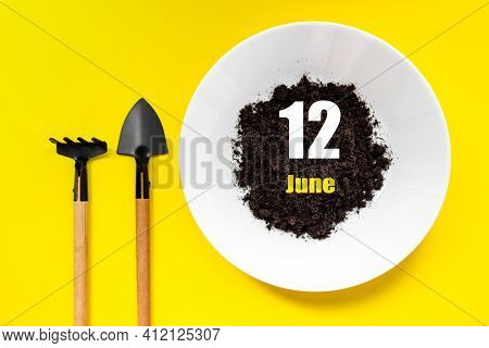 June 12nd. Day 12 Of Month, Calendar Date. White Plate Of Soil With A Small Spatula And Rake On Yell