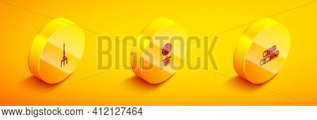Set Isometric Garden Rake, Flower In Pot And Wooden Logs Icon. Vector