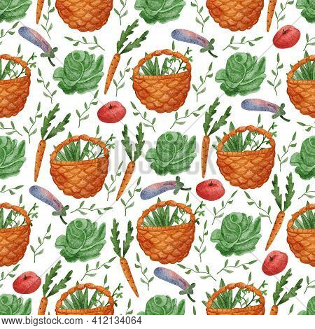 Watercolor Seamless Pattern With Whicker Basket With Harvest Of Vegetables On White. Hand Painted Il