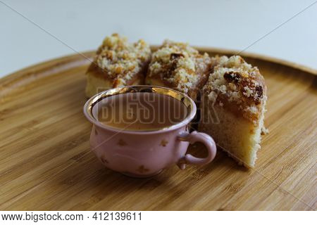Real Homemade Apple Pie With Cup Of Tea. Horizontal Image
